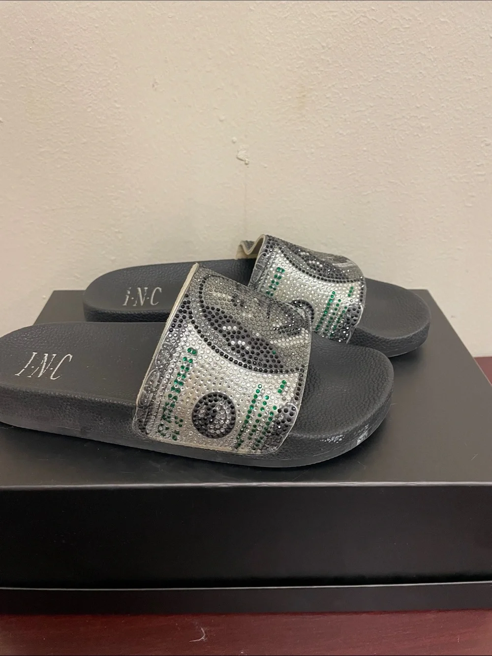 Embellished Black Slide Sandals with Rhinestone Money Print | Size: M6